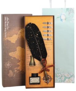 Set Deluxe Stilou cu Pene (Pență) Vintage, Caligrafie și Cerneală – Seria "Harta Lumii 1502"