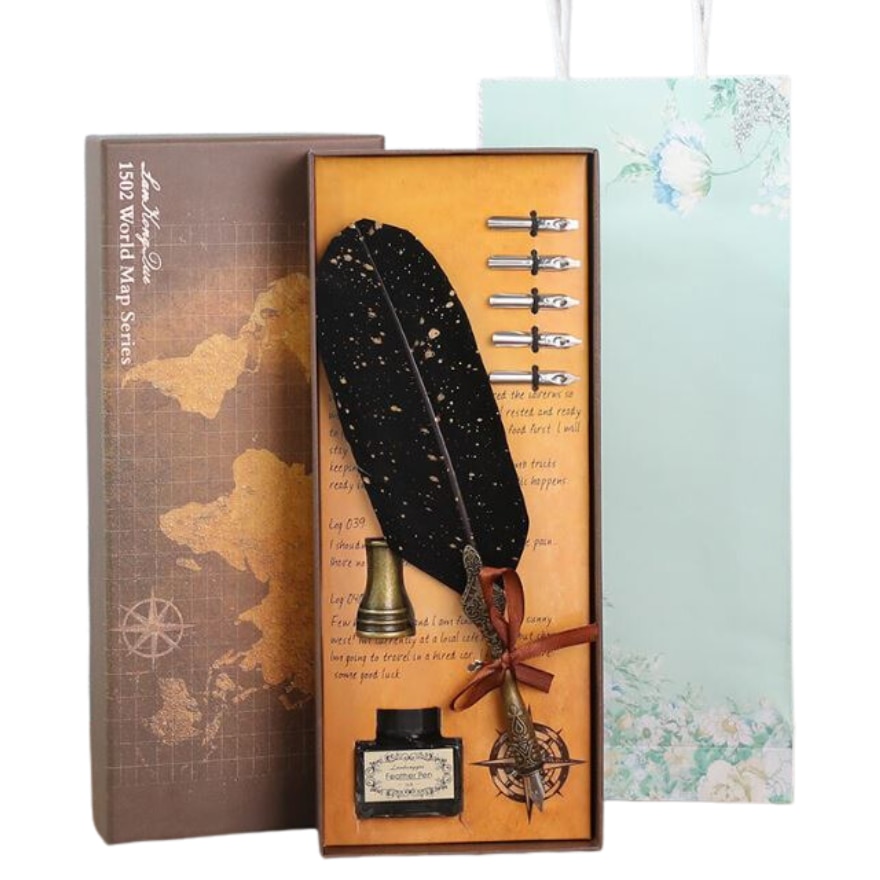 Set Deluxe Stilou cu Pene (Pență) Vintage, Caligrafie și Cerneală – Seria "Harta Lumii 1502"