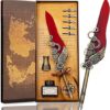 Set Deluxe Stilou cu Penă Roșie Steampunk (Caligrafie) – Accesorii Vintage, Rotițe și Aripi