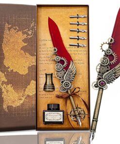 Set Deluxe Stilou cu Penă Roșie Steampunk (Caligrafie) – Accesorii Vintage, Rotițe și Aripi