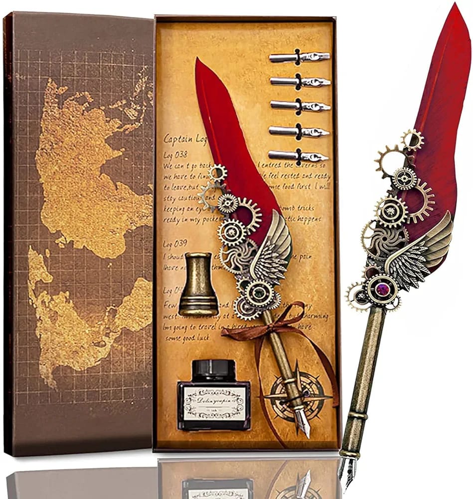 Set Deluxe Stilou cu Penă Roșie Steampunk (Caligrafie) – Accesorii Vintage, Rotițe și Aripi