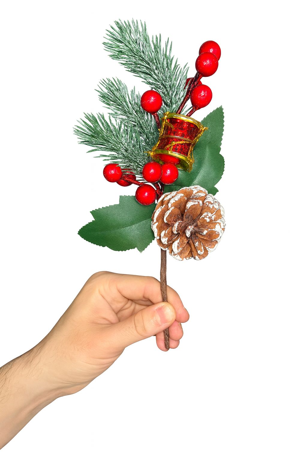 Decor Crăciun – Ramură cu Con de Brad, Bace Roșii și Tobe Miniaturale - imagine 2