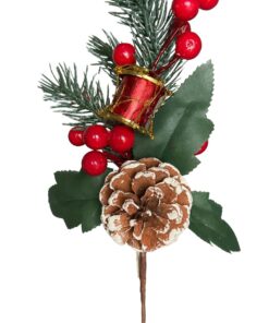 Decor Crăciun – Ramură cu Con de Brad, Bace Roșii și Tobe Miniaturale