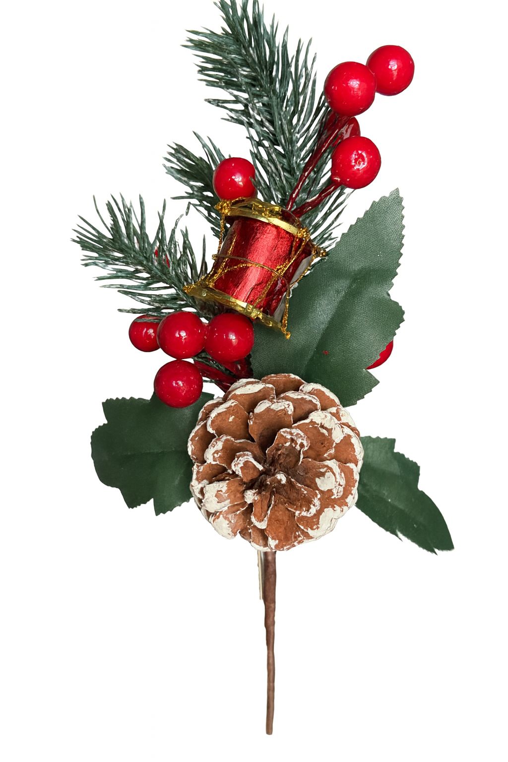 Decor Crăciun – Ramură cu Con de Brad, Bace Roșii și Tobe Miniaturale